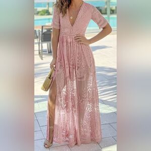 Pale Pink/ Rose Short Sleeve Sheer Lace Maxi Dress - Size M